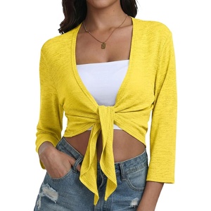 image:imagePrinStory Womens Tie Front Shrug 34 Sleeve Bolero Cardigan Lightweight Summer Casual Short Shawl Top S4XL24 Lemon Yellow