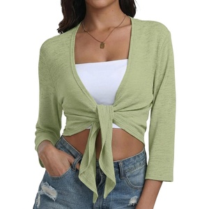 image:imagePrinStory Womens Tie Front Shrug 34 Sleeve Bolero Cardigan Lightweight Summer Casual Short Shawl Top S4XL25 Grass Green