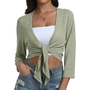 image:imagePrinStory Womens Tie Front Shrug 34 Sleeve Bolero Cardigan Lightweight Summer Casual Short Shawl Top S4XL27 Matcha Green