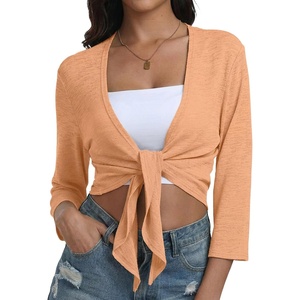 image:imagePrinStory Womens Tie Front Shrug 34 Sleeve Bolero Cardigan Lightweight Summer Casual Short Shawl Top S4XL28 Orange Red
