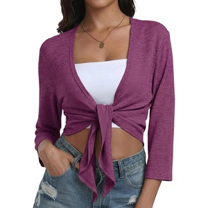 image:imagePrinStory Womens Tie Front Shrug 34 Sleeve Bolero Cardigan Lightweight Summer Casual Short Shawl Top S4XL29 Purple Red
