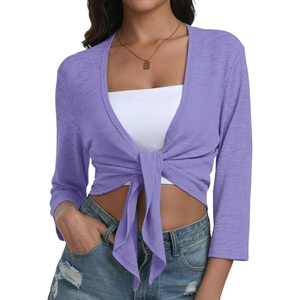 image:imagePrinStory Womens Tie Front Shrug 34 Sleeve Bolero Cardigan Lightweight Summer Casual Short Shawl Top S4XL31 Violet
