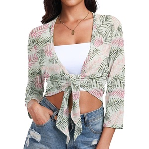 image:imagePrinStory Womens Tie Front Shrug 34 Sleeve Bolero Cardigan Lightweight Summer Casual Short Shawl Top S4XLFp Apricot Palm Leaf