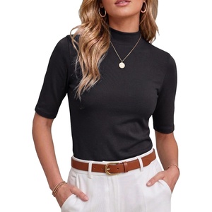 image:imagePrinStory Womens Tops Mock Neck Short Sleeve T Shirts Dressy Casual Ribbed Knit Slim Fit Summer Business Going Out Tops 2026A Black