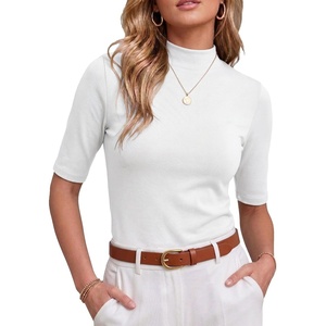 image:imagePrinStory Womens Tops Mock Neck Short Sleeve T Shirts Dressy Casual Ribbed Knit Slim Fit Summer Business Going Out Tops 2026A White