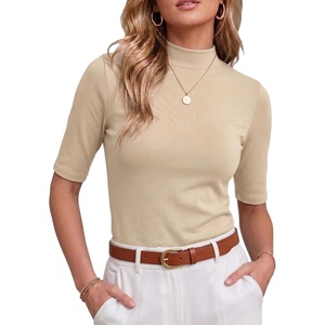 image:imagePrinStory Womens Tops Mock Neck Short Sleeve T Shirts Dressy Casual Ribbed Knit Slim Fit Summer Business Going Out Tops 2026C Apricot