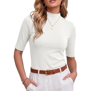 image:imagePrinStory Womens Tops Mock Neck Short Sleeve T Shirts Dressy Casual Ribbed Knit Slim Fit Summer Business Going Out Tops 2026C Beige White