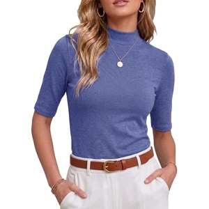 image:imagePrinStory Womens Tops Mock Neck Short Sleeve T Shirts Dressy Casual Ribbed Knit Slim Fit Summer Business Going Out Tops 2026C Blue Purple