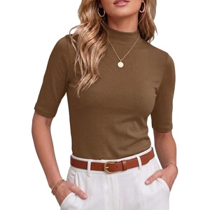 image:imagePrinStory Womens Tops Mock Neck Short Sleeve T Shirts Dressy Casual Ribbed Knit Slim Fit Summer Business Going Out Tops 2026C Brown