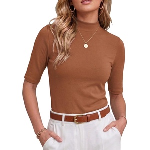 image:imagePrinStory Womens Tops Mock Neck Short Sleeve T Shirts Dressy Casual Ribbed Knit Slim Fit Summer Business Going Out Tops 2026C Caramel