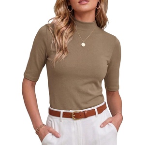 image:imagePrinStory Womens Tops Mock Neck Short Sleeve T Shirts Dressy Casual Ribbed Knit Slim Fit Summer Business Going Out Tops 2026C Coffee