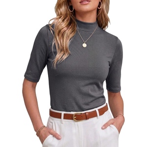 image:imagePrinStory Womens Tops Mock Neck Short Sleeve T Shirts Dressy Casual Ribbed Knit Slim Fit Summer Business Going Out Tops 2026C Dark Gray