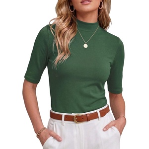 image:imagePrinStory Womens Tops Mock Neck Short Sleeve T Shirts Dressy Casual Ribbed Knit Slim Fit Summer Business Going Out Tops 2026C Dark Green
