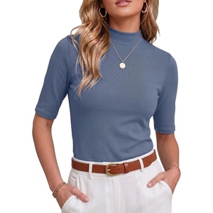 image:imagePrinStory Womens Tops Mock Neck Short Sleeve T Shirts Dressy Casual Ribbed Knit Slim Fit Summer Business Going Out Tops 2026C Denim Blue
