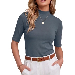 image:imagePrinStory Womens Tops Mock Neck Short Sleeve T Shirts Dressy Casual Ribbed Knit Slim Fit Summer Business Going Out Tops 2026C Gray Blue