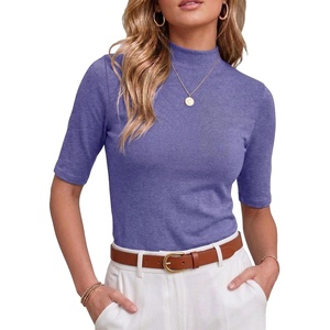 image:imagePrinStory Womens Tops Mock Neck Short Sleeve T Shirts Dressy Casual Ribbed Knit Slim Fit Summer Business Going Out Tops 2026C Gray Purple