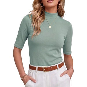 image:imagePrinStory Womens Tops Mock Neck Short Sleeve T Shirts Dressy Casual Ribbed Knit Slim Fit Summer Business Going Out Tops 2026C Haze Green