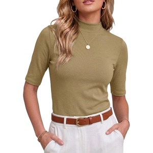 image:imagePrinStory Womens Tops Mock Neck Short Sleeve T Shirts Dressy Casual Ribbed Knit Slim Fit Summer Business Going Out Tops 2026C Khaki