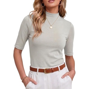 image:imagePrinStory Womens Tops Mock Neck Short Sleeve T Shirts Dressy Casual Ribbed Knit Slim Fit Summer Business Going Out Tops 2026C Light Gray