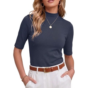 image:imagePrinStory Womens Tops Mock Neck Short Sleeve T Shirts Dressy Casual Ribbed Knit Slim Fit Summer Business Going Out Tops 2026C Navy Blue