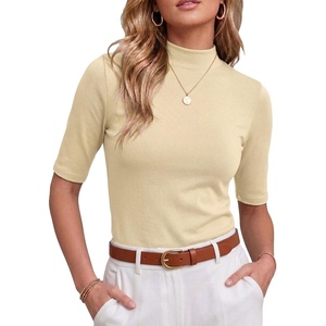 image:imagePrinStory Womens Tops Mock Neck Short Sleeve T Shirts Dressy Casual Ribbed Knit Slim Fit Summer Business Going Out Tops 2026C Oatmeal