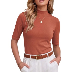 image:imagePrinStory Womens Tops Mock Neck Short Sleeve T Shirts Dressy Casual Ribbed Knit Slim Fit Summer Business Going Out Tops 2026C Pumpkin