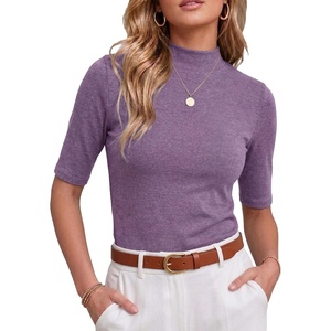 image:imagePrinStory Womens Tops Mock Neck Short Sleeve T Shirts Dressy Casual Ribbed Knit Slim Fit Summer Business Going Out Tops 2026C Purple