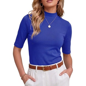 image:imagePrinStory Womens Tops Mock Neck Short Sleeve T Shirts Dressy Casual Ribbed Knit Slim Fit Summer Business Going Out Tops 2026C Royal Blue