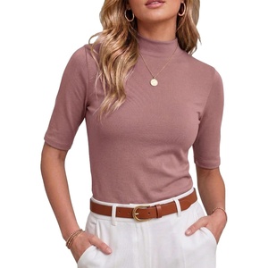 image:imagePrinStory Womens Tops Mock Neck Short Sleeve T Shirts Dressy Casual Ribbed Knit Slim Fit Summer Business Going Out Tops 2026C Rusty Red