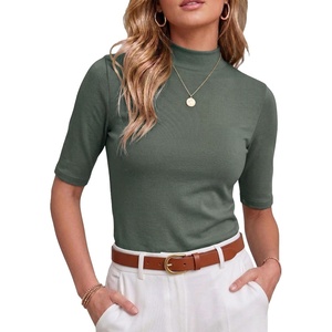 image:imagePrinStory Womens Tops Mock Neck Short Sleeve T Shirts Dressy Casual Ribbed Knit Slim Fit Summer Business Going Out Tops 2026C Vg Green