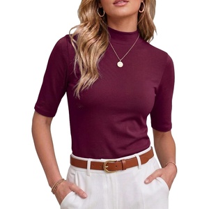 image:imagePrinStory Womens Tops Mock Neck Short Sleeve T Shirts Dressy Casual Ribbed Knit Slim Fit Summer Business Going Out Tops 2026C Wine Red