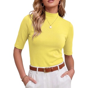 image:imagePrinStory Womens Tops Mock Neck Short Sleeve T Shirts Dressy Casual Ribbed Knit Slim Fit Summer Business Going Out Tops 2026C Yellow
