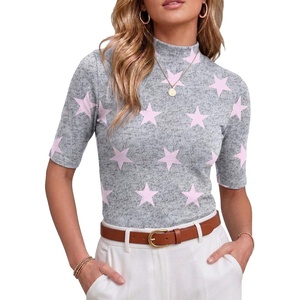 image:imagePrinStory Womens Tops Mock Neck Short Sleeve T Shirts Dressy Casual Ribbed Knit Slim Fit Summer Business Going Out Tops 2026Fp Pink Star