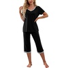 image:imagePrinStory Womens Pajama Set Short Sleeve Shirt and Capri Pants Sleepwear Pjs Sets with PocketsBlack