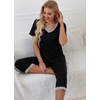 image:imagePrinStory Womens Pajama Set Short Sleeve Shirt and Capri Pants Sleepwear Pjs Sets with PocketsBlack