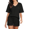image:imagePrinStory Womens Waffle Knit Pajamas Set Short Sleeve Top and Shorts Matching Lounge Set Sweatsuit With PocketsBlack