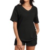 image:imagePrinStory Womens Waffle Knit Pajamas Set Short Sleeve Top and Shorts Matching Lounge Set Sweatsuit With PocketsBlack