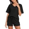 image:imagePrinStory Womens Waffle Knit Pajamas Set Short Sleeve Top and Shorts Matching Lounge Set Sweatsuit With PocketsBlack