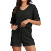 image:imagePrinStory Womens Waffle Knit Pajamas Set Short Sleeve Top and Shorts Matching Lounge Set Sweatsuit With PocketsBlack