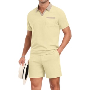 image:imagePrinStory Mens Summer Track Suits Waffle Knit Polo Shirt and Shorts Set Casual 2 Pieces Outfits with PocketsBeige