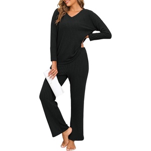 image:imagePrinStory Womens Pajama Sets Long Sleeve Lounge Set 2 Piece Pajamas Fall Winter Pjs for Woman Loungewear with PocketsBlack