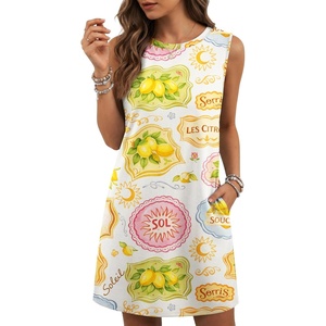 image:imagePrinStory Womens Sleeveless Round Neck Casual Shift Dress S2XL  Vacation ALine Mini Sundress with Side Pockets Palm Floral Ombre et Loose Fit for Beach Picnic Casual amp DailyWt Yellow Pink Fruit