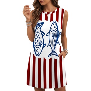 image:imagePrinStory Womens Sleeveless Round Neck Casual Shift Dress S2XL  Vacation ALine Mini Sundress with Side Pockets Palm Floral Ombre et Loose Fit for Beach Picnic Casual amp DailyRed Stripe Blue Fish