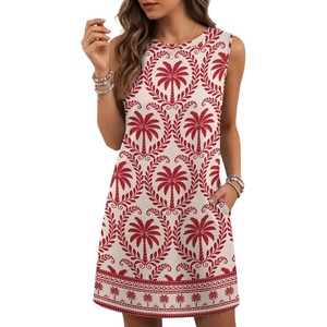 image:imagePrinStory Womens Sleeveless Round Neck Casual Shift Dress S2XL  Vacation ALine Mini Sundress with Side Pockets Palm Floral Ombre et Loose Fit for Beach Picnic Casual amp DailyAc Red Coconut Tree