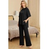 image:imagePrinStory Pajamas for Women Soft Pjs Lounge Set S4XL  Short Sleeve Tops and Long Pants 2 Piece Stretchy Pjs Set with Pockets for Sleep Home Travel Vacation Maternity NursingBlack