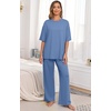 image:imagePrinStory Pajamas for Women Soft Pjs Lounge Set S4XL  Short Sleeve Tops and Long Pants 2 Piece Stretchy Pjs Set with Pockets for Sleep Home Travel Vacation Maternity NursingGray Blue