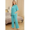 image:imagePrinStory Pajamas for Women Soft Pjs Lounge Set S4XL  Short Sleeve Tops and Long Pants 2 Piece Stretchy Pjs Set with Pockets for Sleep Home Travel Vacation Maternity NursingCyan