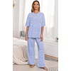 image:imagePrinStory Pajamas for Women Soft Pjs Lounge Set S4XL  Short Sleeve Tops and Long Pants 2 Piece Stretchy Pjs Set with Pockets for Sleep Home Travel Vacation Maternity NursingFpspot Blue