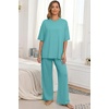 image:imagePrinStory Pajamas for Women Soft Pjs Lounge Set S4XL  Short Sleeve Tops and Long Pants 2 Piece Stretchy Pjs Set with Pockets for Sleep Home Travel Vacation Maternity NursingCyan