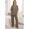 image:imagePrinStory Pajamas for Women Soft Pjs Lounge Set S4XL  Short Sleeve Tops and Long Pants 2 Piece Stretchy Pjs Set with Pockets for Sleep Home Travel Vacation Maternity NursingFpld Khaki